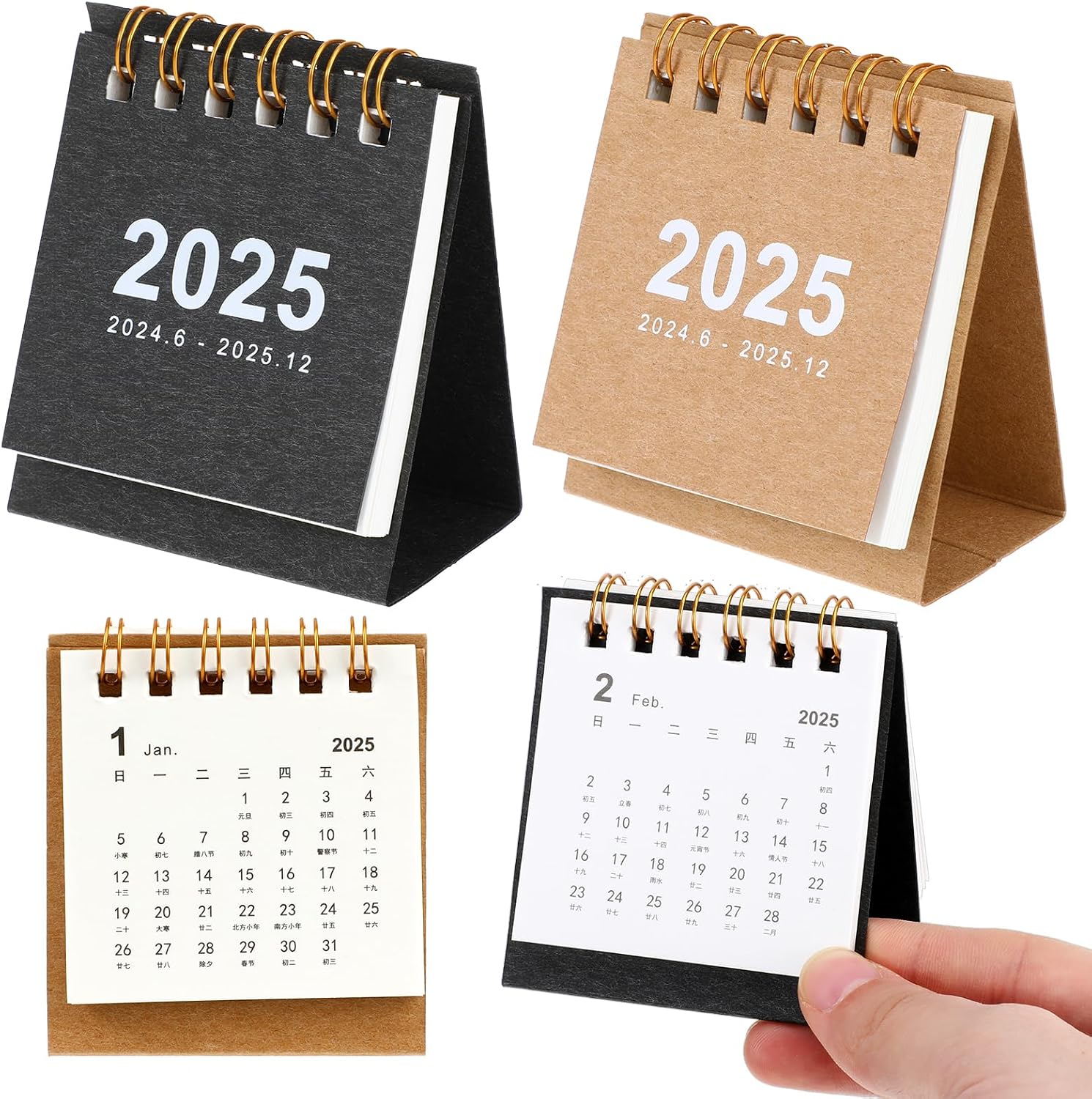 2 Packs Mini Desk Calendar 2024-2025 Standing Flip Desktop Calendar Form June 2024 Until December 2025 Small Metal Ring Monthly Desktop Calendar for Home Office School Black,Brown