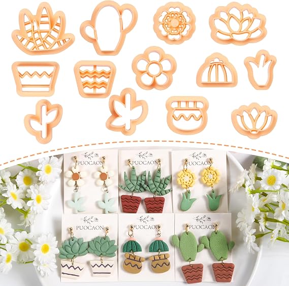 Puocaon Potted Plant Clay Cutters - 13 Pcs Cactus Flower Pot Clay Cutters for Polymer Clay Jewelry, Spring Flower Polymer Clay Earring Cutters, Daisy Boho Flower Clay Cutters