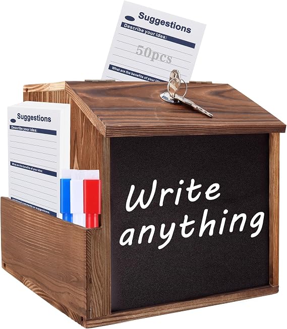 Wooden Suggestion Box with Lock, Slot & Cards, Wall Mounted Donation Box
