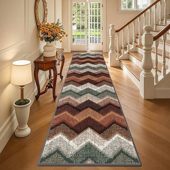 Boho Runner Rugs for Hallway Non Slip 60x240cm, Geometric Washable Kitchen Carpet Runner, Bohemian Long Hall Rug for Entryway Bedroom Laundry Living Room, Low Pile Non Shedding, Brown Green
