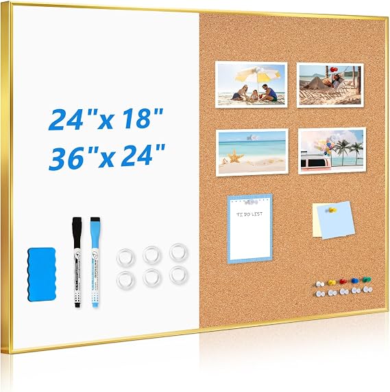 Magnetic Dry Erase White Board & Cork Board Combo, 24"x18", Wall Mounted