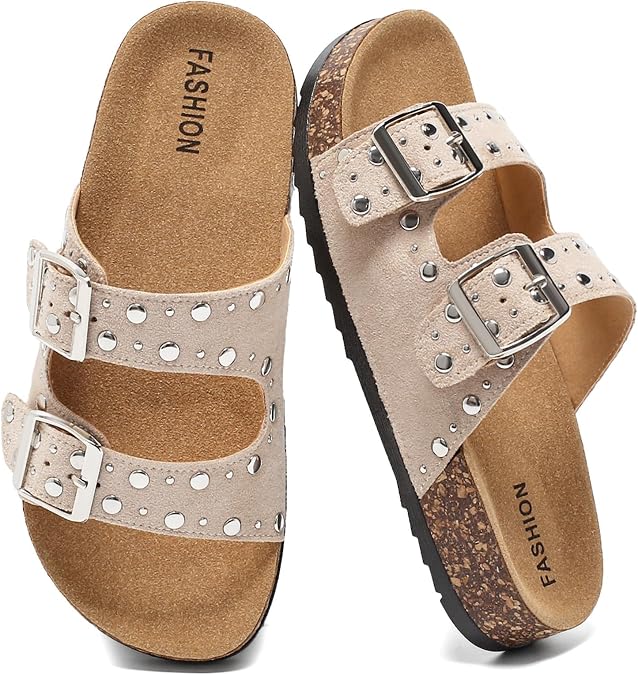 Kids Cork Footbed Sandals Boys Girls Fashion Studded Double Buckle Slides