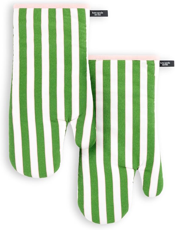 kate spade new york Botanical Stripe Oven Mitt 2-Pack Set, 7" x 13", Green/Pink