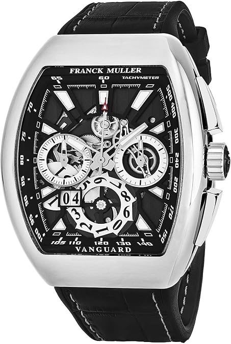 Franck Muller Vanguard Grande Date Mens Automatic Chronograph Watch - Tonneau Stainless Steel Skeleton Face with Luminous Hands and Sapphire Crystal - Black Band Swiss Made Automatic Watch for Men