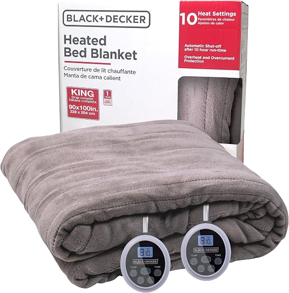 BLACK+DECKER Heated Blanket Electric King, Micro Plush Electric Blanket, Heating Blanket with 10 Heating Levels, 10H Timer, Auto Shutoff, Dual Zone Heating, Fast Heating (90x100 inches, Grey)
