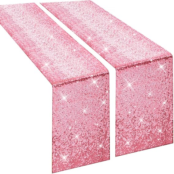 yuboo Pink Sequin Table Runners 2 Pack, 12''x 108'' Fabric Glitter Runner for Bachelorette Bridal Baby Shower Wedding Birthday Table Decorations Fall Christmas Party Supplies