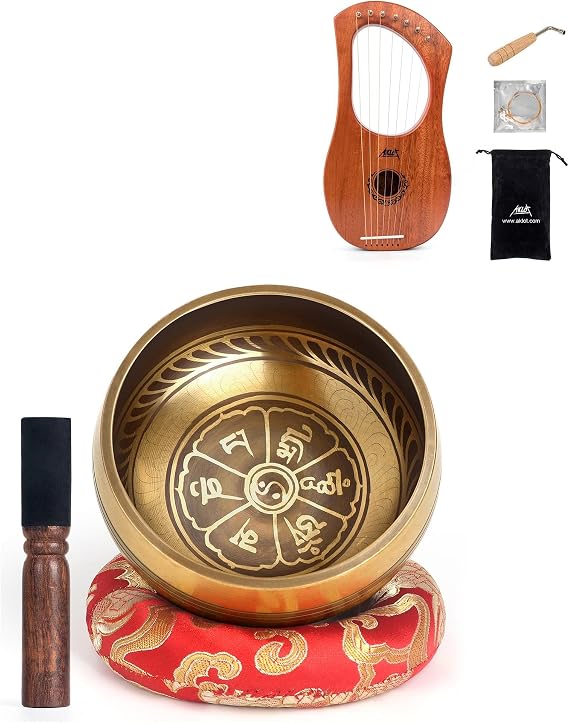 AKLOT HandMade Meditation Singing Bowl with 7 String Lyre Harp