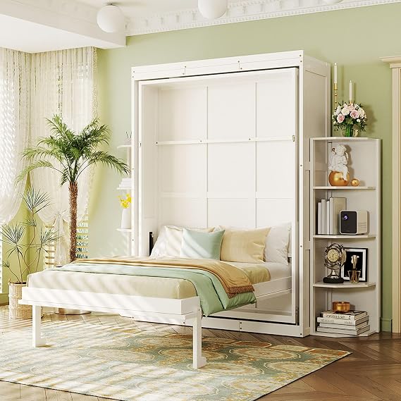 Full Size Rotating Murphy Bed with Desk & Storage, Modern Folding Wall Bed Cabinet with Side Shelves, Space-Saving Hidden Murphy Bed Frame for Small Spaces or Apartment, White