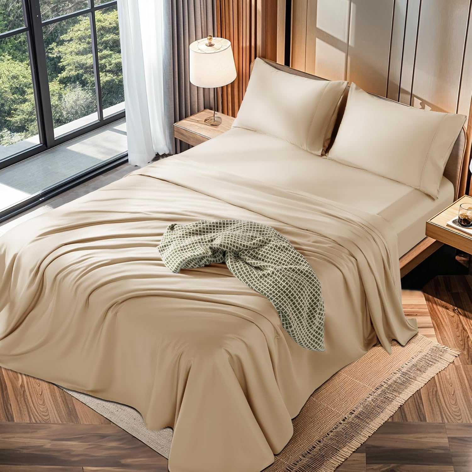 LBRO2M 100% Cotton 1200 Thread Count Queen Size Sheets Set,16 inches Deep Pocket,Bed Sheet 4 Piece Sets Queen, Cream