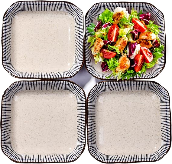 Ceramic Dinner Plates Set of 4, 7 Inch Square Dessert Plates | Suitable for pasta, desserts, salads, and steaks. Durable dinner plates for everyday kitchen use.