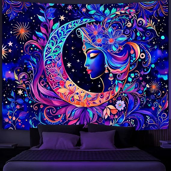 Simpkeely Blacklight Moon and Star Tapestry, Elegant Goddess UV Reactive Sun Mandala Wall Hanging Tapestries, Colorful Boho Aesthetic Tapestry for Bedroom, Living Room - 130 x 150 cm
