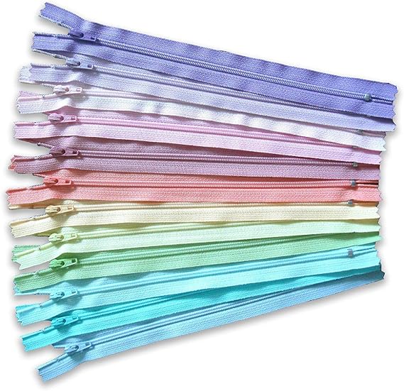 7 Inch Pastel Multicolor Pack YKK Zippers Number 3 Nylon Coil Set of 12 Pieces