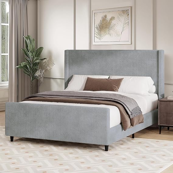 Queen Size Corduroy Upholstered Platform Bed Frame with Tufted Headboard and Footboard, No Box Spring Required, Easy to Assemble (Grey, Queen)
