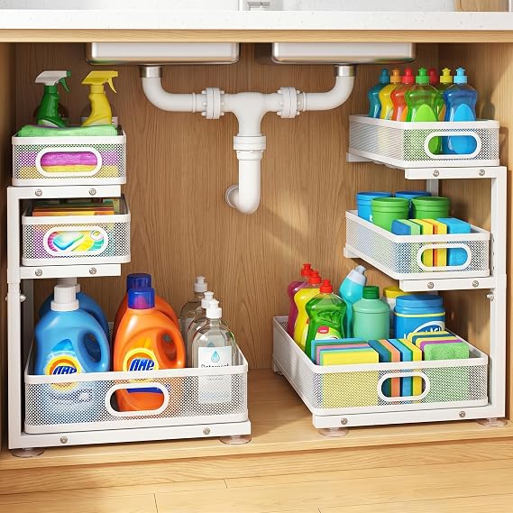 Under Sink Organizer, 3 Tier Pull Out Cabinet Organizer with 5 Adjustable Heights, Metal Under Sink Storage with Sliding Drawers for Kitchen, Bathroom, Pantry and Laundry Room, 2-Pack White