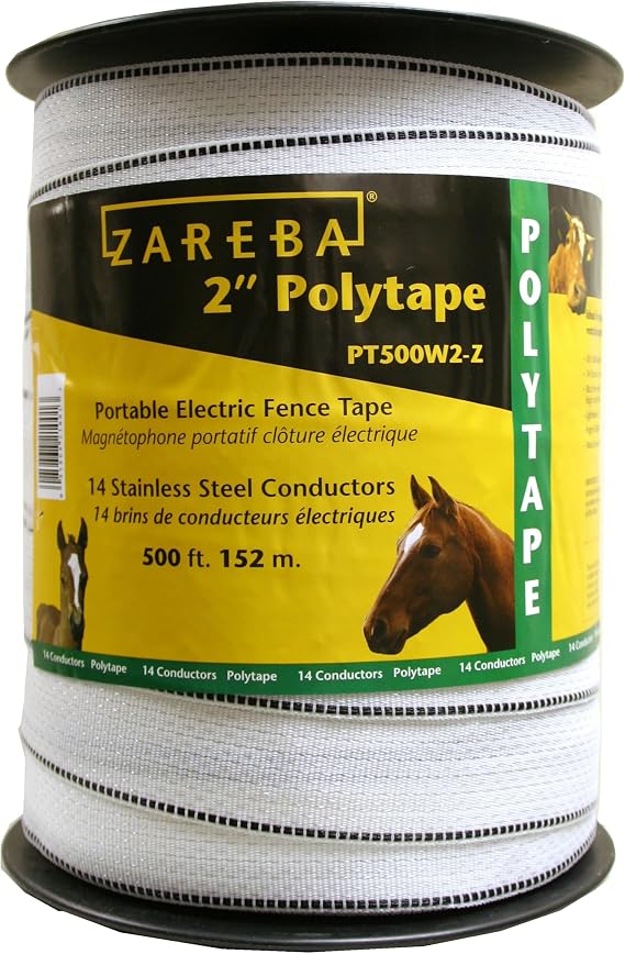 Zareba 2-Inch 500 ft Polytape - 152 M Electric Fencing - Highly Visible Polytape - 890 lb Breaking Load - Easy to Install, Repair, Slice - PT500W2-Z
