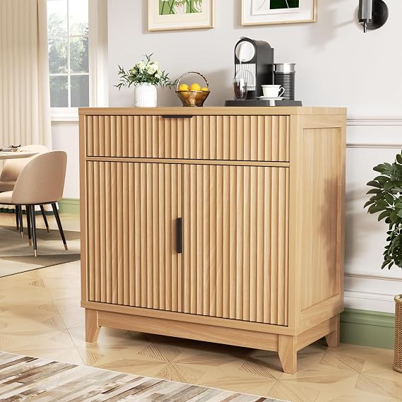 Vabches 32" Fluted Sideboard Buffet Cabinet with Storage, Oak | Modern Coffee Bar Console Table with Drawer, Fluted Doors & Adjustable Shelf, for Entryway, Living Room, Kitchen, Dining Room