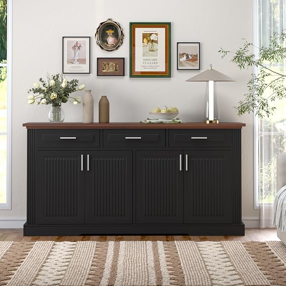 63'' Fluted Buffet Cabinet, Coffee Bar Cabinet with 4 Doors and 3 Drawers, Adjustable Shelves, Sideboard Storage Cupboard Wood Buffet Table for Kitchen, Dining Room (Fluted Black+Walnut)