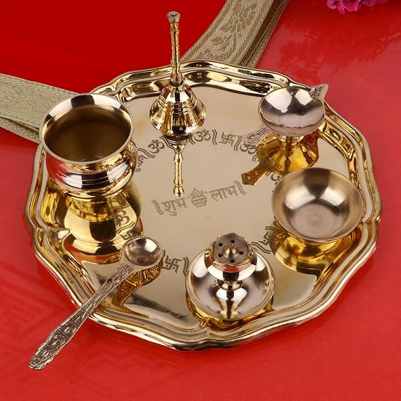 SATVIK 8 Inch Brass Puja Thali Set of 7 | Handcrafted Design for Divine Blessings | Ideal Housewarming Return Gift | Perfect for Festivals & Worship | Complete Puja Thali Set