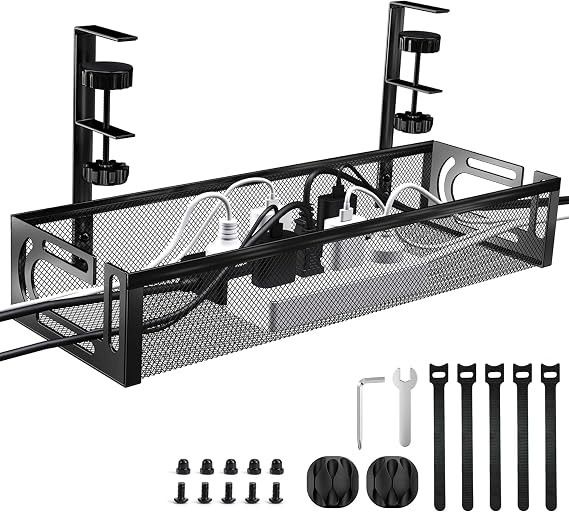 Under Desk Cable Management Tray, Metal Cable Management,No-Drill Mesh Wire Organiser with Clamp, Wire Holder Side Opening Design, Cable Tidy Basket, for Office and Home-Design2