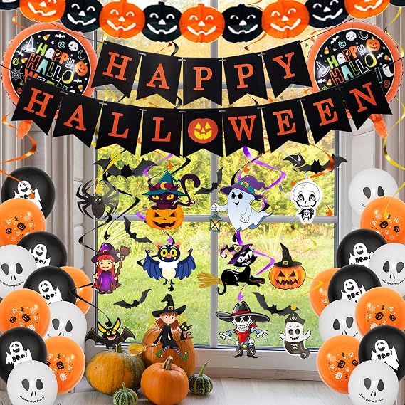 65Pcs Halloween Party Decorations Set Include Happy Halloween Banner, Pumpkin Banner, Hanging Swirl Streamers, Bats Wall Decor, Balloons Home Decor Party Favors Supplies