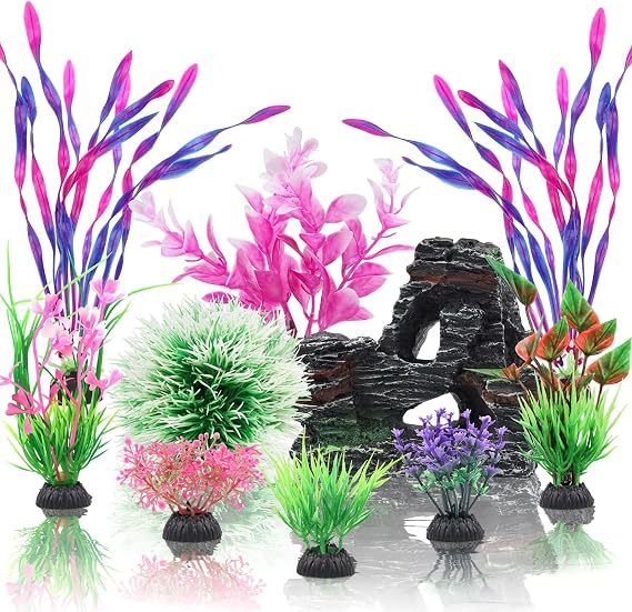 QUOZUO Fish Tank Accessories, Aquarium Fish Tank Plastic Plants and Cave Rock Decorations Set 10 Pieces, Small and Large Artificial Aquarium Plants with Cave Rock