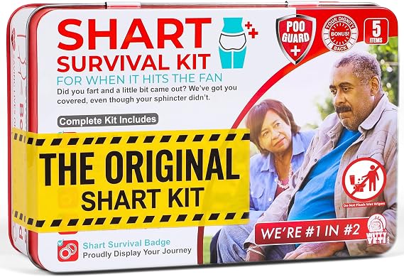 Witty Yeti Funny Shart Survival Kit Ultimate Poop Prank Gag Gift Set Contains Wet Wipes, Disposable Underwear, Tissues and Hilarious Badge. Novelty Fart Potty Pack Great for Friends or Family