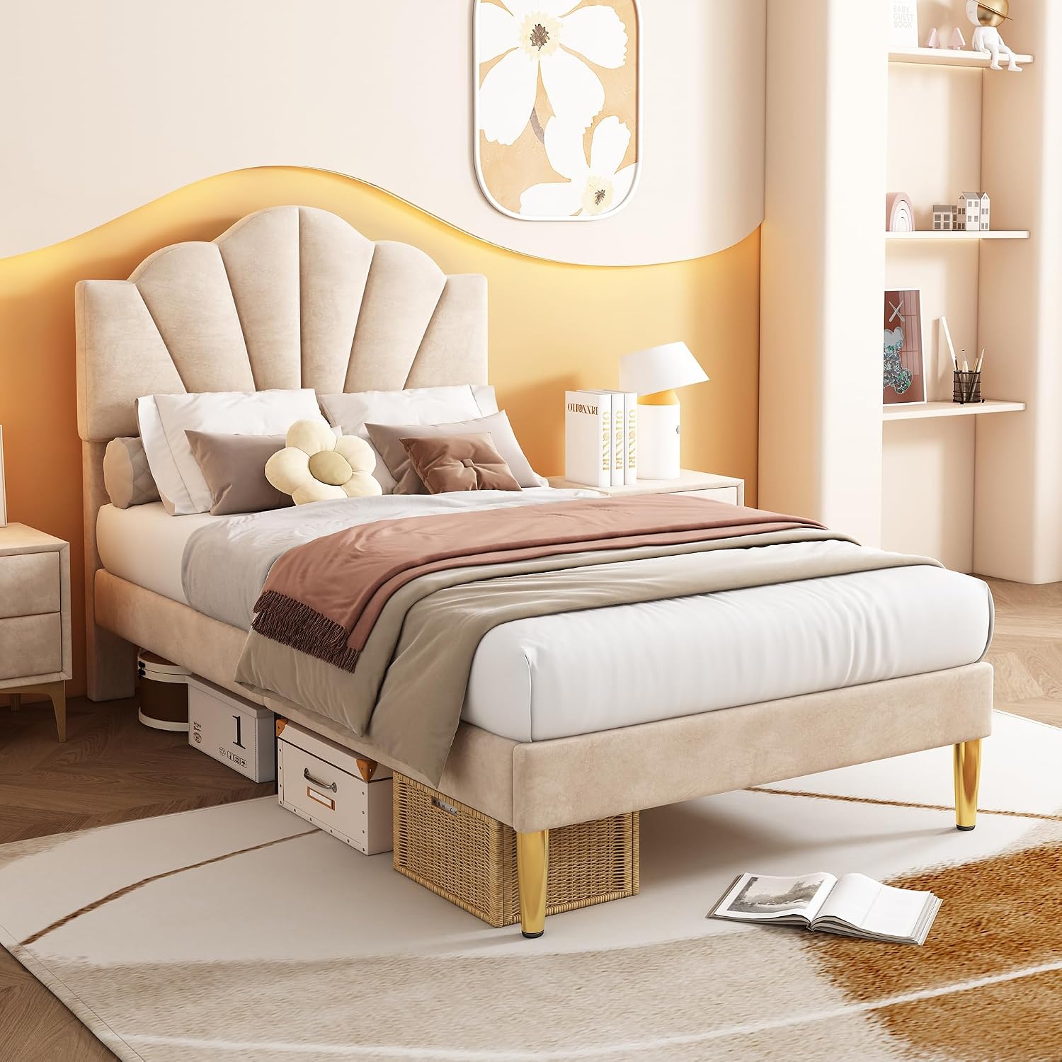 BTM 3FT (90 * 190cm) Upholstered Single Bed Frame, Shell-like Velvet Bed with Golden Iron Legs & Height-adjustable Headboard, Wooden Slatted Frame Velvet, Beige