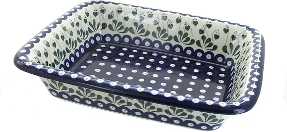 Blue Rose Polish Pottery - Blue Alyce Medium Rectangular Baker - 12.25" x 10" - Unique, Dishwasher Safe, Durable Bakeware