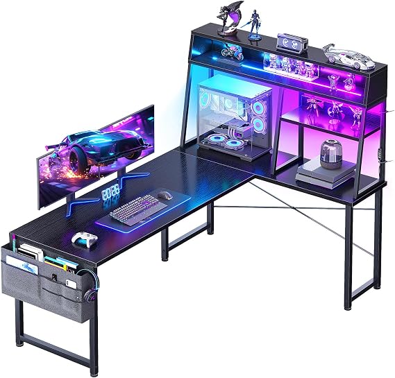 Coleshome L Shaped Gaming Desk with Led Lights, 150×100 cm, Black