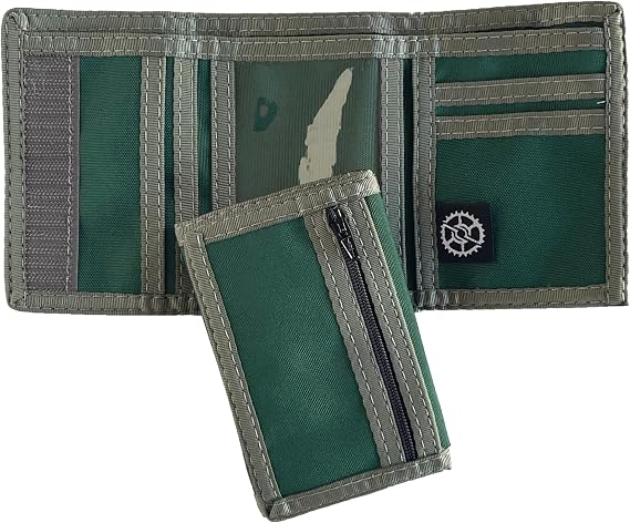 Compact Nylon Trifold Wallet with Zippered Pocket, Green, 3" x 4.75", Trifold