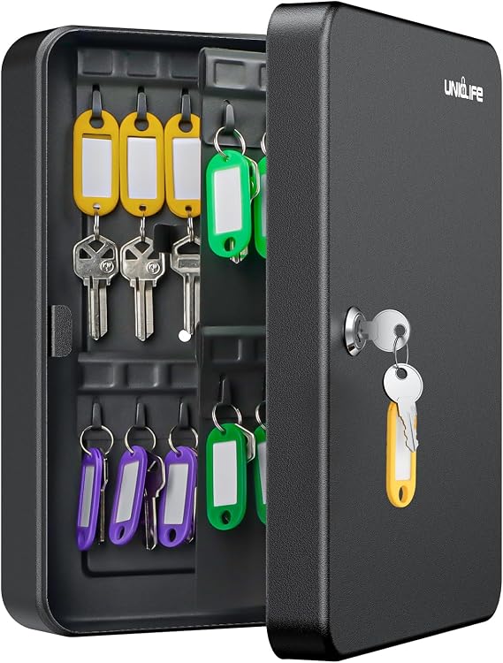 Uniclife 60 Position Key Cabinet with Key Lock Wall Mounted Black Security Storage Box Steel Key Organizer with Colorful Key Tag Labels Stickers and Hooks