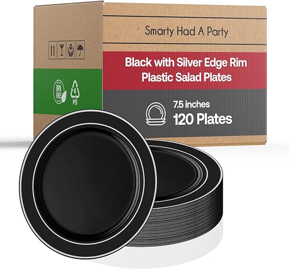 Smarty Had A Party Dinnerware Set for 120 Guests, Black with Silver Rim 7.5 Inch Salad Plates, Elegant Disposable Plates
