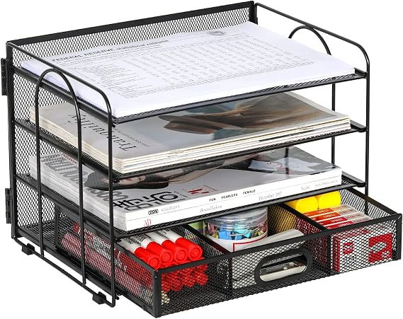 EasyPAG 4 Tier Desktop A4 Mesh Filing Tray Office Desk Tidy File Holder Paper Organiser Magazine Storage Rack with Stationery Drawer,Black