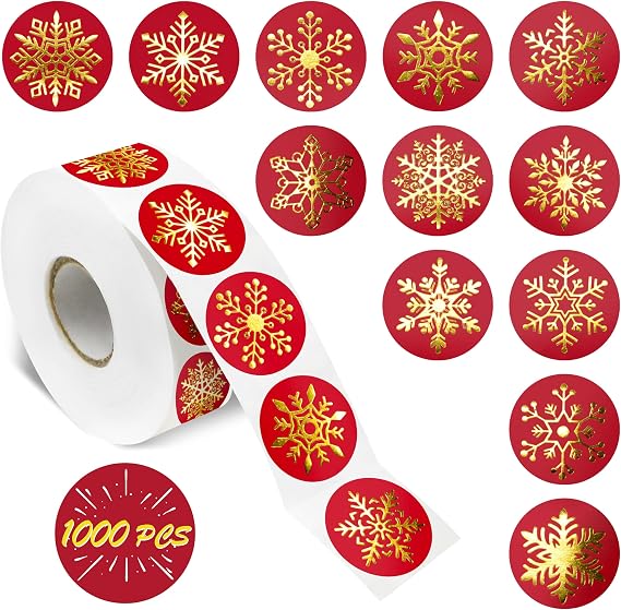1000 PCS Gold Foil Snowflakes Stickers, 12 Designs Sparkling & Elegant Labels Self Adhesive Winter Holiday Decoration for Christmas Supplies Envelope Seal Gifts Decor with Perforation line (1 Each)