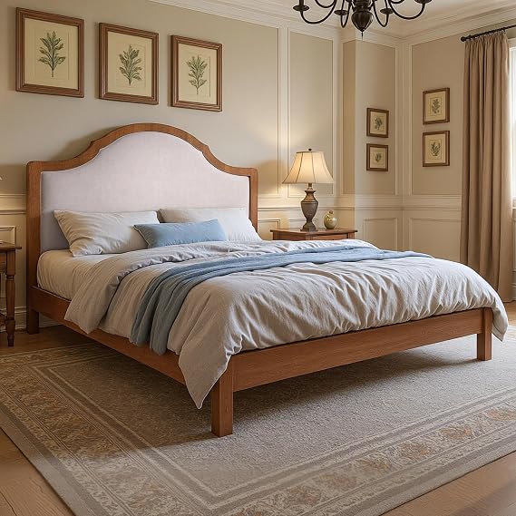 Jocisland Solid Wood Full Size Bed Frame with Upholstered Headboard, Walnut