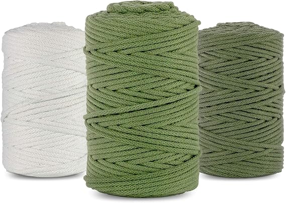 Netuno 3x Macramé Yarn 5 mm 100 m Set of 3 Cotton Cord Khaki Pistachio Green White Textile Yarn Cord Bundle Natural Cotton Yarn for Macramé Bag Yarn Decorative Cord Braided Cord