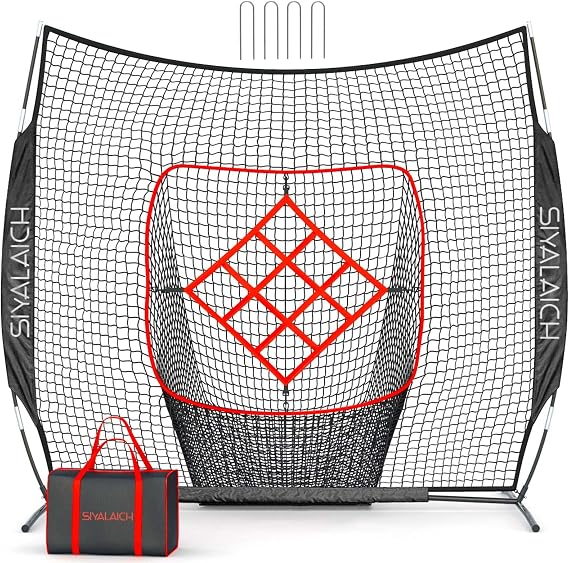 Baseball and Softball Batting and Pitching Net, 7x7 ft, 9-Hole Target, with Carry Bag, for Kids and Adults of All Skill Levels
