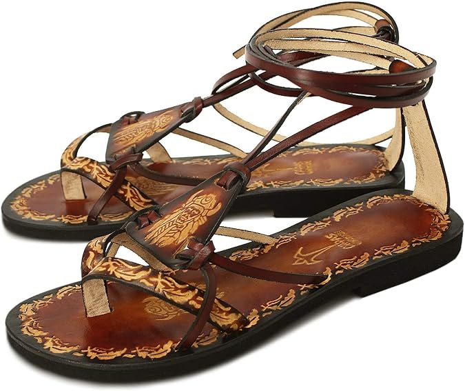Boho Sandals, Tribal Hand painted Leather Sandals with Imprints by Calpas - FANTASY