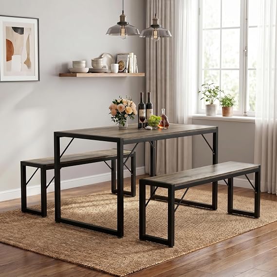 Bealife Dining Table Set for 4 with Metal Frame and MDF Board - Grey