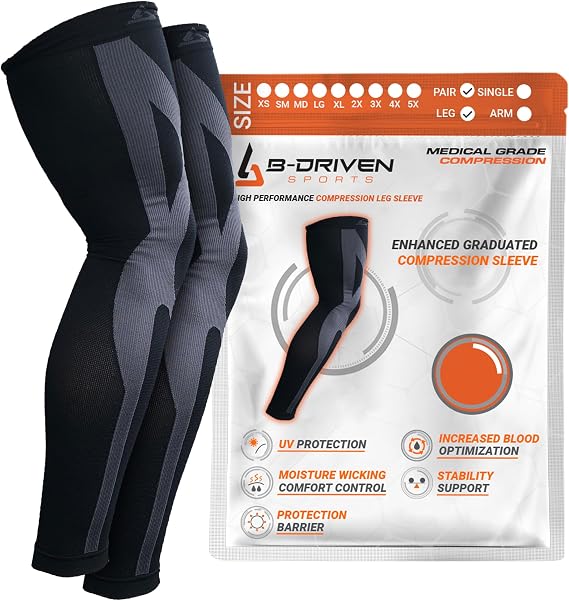B-Driven Sports Full Leg Compression Sleeves, Graduated Compression 20-30mmHg, Thigh to Ankle, Medical Grade, Calf, Knee, Varicose Veins, Running, Sports, Men & Women - 1 Pair