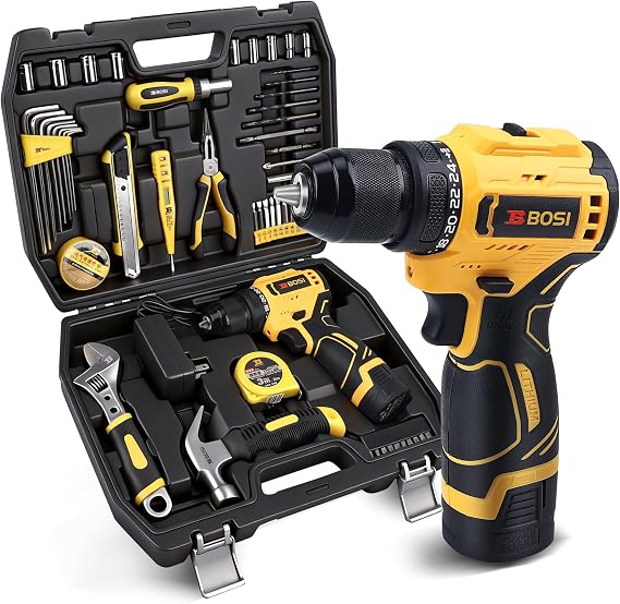 58PCS Home Tool Kit with 16V Cordless Drill, Battery & Charger, 3/8 Keyless Chuck, 24+1 Torque Settings, Variable Speed, Ideal for DIY Home Repair & Furniture Assembly