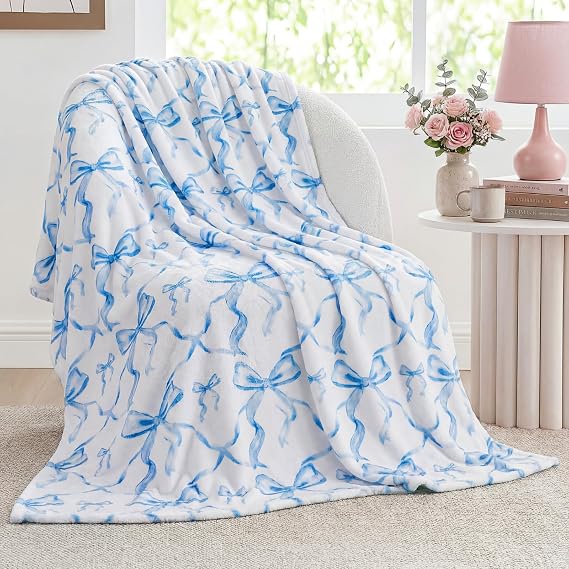 Buryeah Blue Bow Throw Blanket 50"x60" Soft Flannel for Girls Women