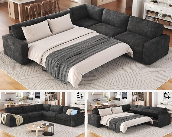 AMERLIFE 106" Sofa Bed, Couch with Pull Out Bed with Storage-Chenille Gray