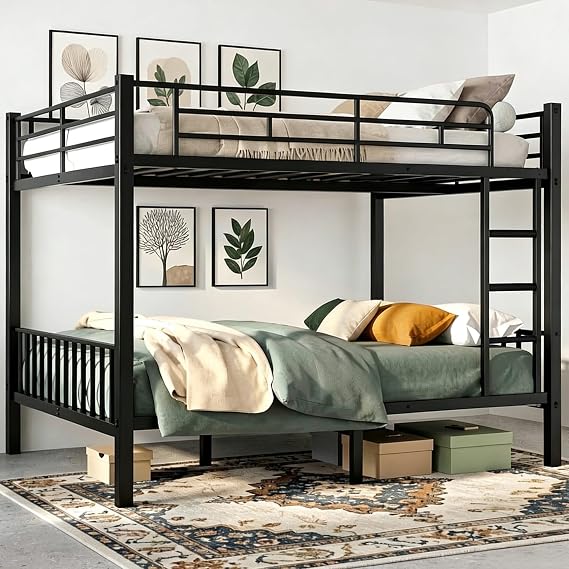 Queen over Queen Bunk Bed, Heavy Duty Bed frame with Ladder & Guardrails