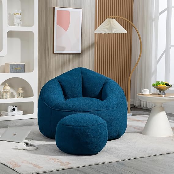 Bean Bag Chair for Adults Kids Girls Boys,Microfiber Upholstered Beanbag Sofa Chair with Petal Back,Memory Foam Stuffed Bean Bag Couch,Lazy Armchair Couch Floor Seating Living Room,Bedroom (Blue)
