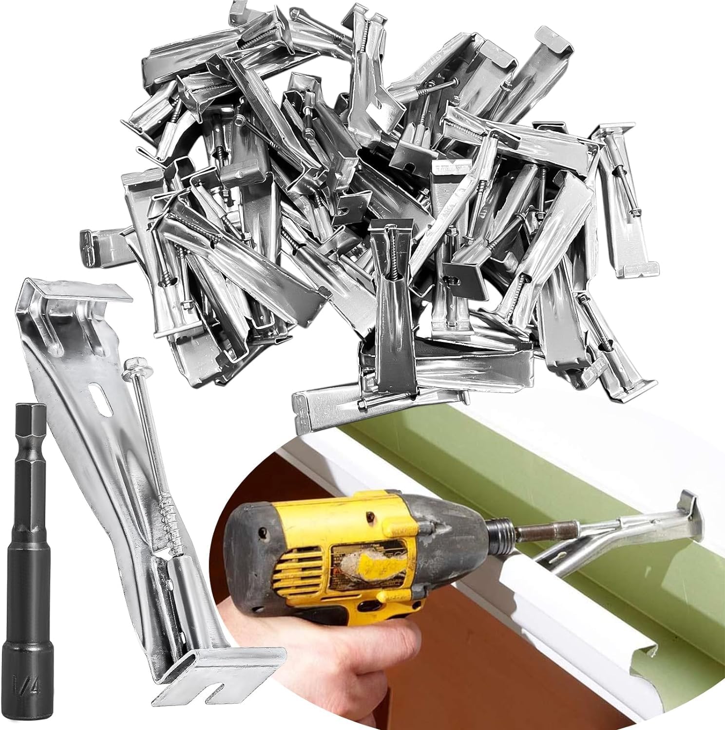6 Inch Gutter Hangers 60Pcs Quick Screw Gutter Clips Hidden Gutter Bracket - Come with 14’’ Hex Drill Bit