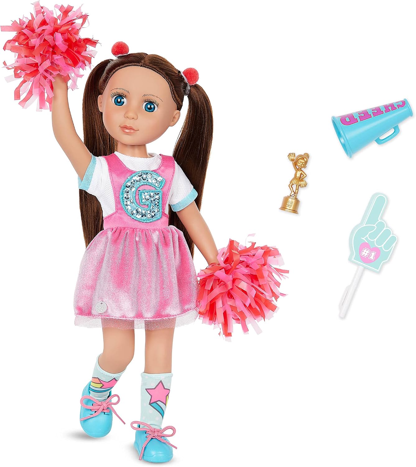 Glitter Girls – 14-Inch Cheerleader Doll – Brown Hair & Blue Eyes – Pom Poms, Pink Romper Dress, Hair Clips, Megaphone – 3 Years - Alfie