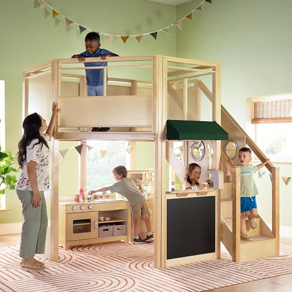 Guidecraft Market Loft - Natural: Kids' Multi-Level Solid Birch Wood Indoor Sensory Activity Loft w/Blackboard, Mirror Portal, Acrylic Panels & Carpeted Reading Area for Preschool & Daycare | Ages 3+