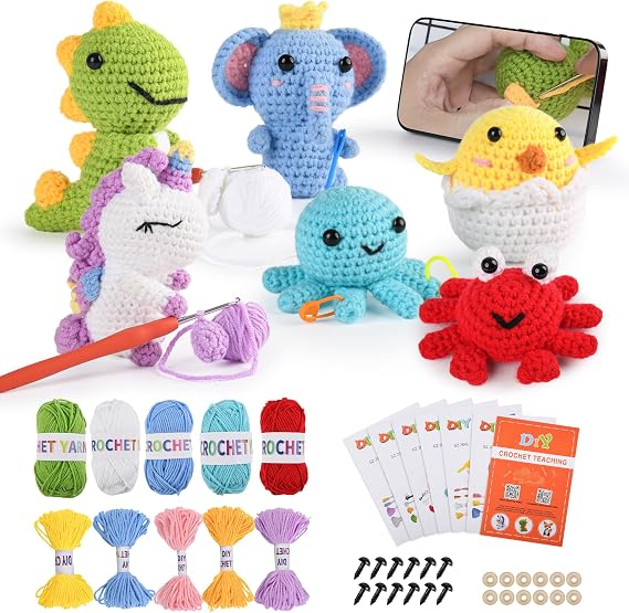 MINGOMINGO Crochet Kit for Beginners Kids - 6 Animal Amigurumi, Mother's Day Birthday Craft Gift Set, Step-by-Step Video Tutorials, 40%+ Yarn, Knitting Starter Kit for Girls Women Adults