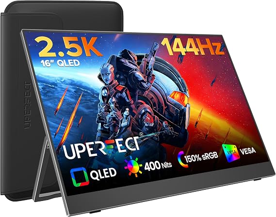Uperfect 16 Inch 2K 144Hz QLED Portable Monitor 150% sRGB 2000:1 400 Nits 2560x1600 16:10 0.1ms Display Integrated Mount Mini HDMI USB C for PC Laptop Mobile Phone Xbo Switch PS4/5 VESA Compatible